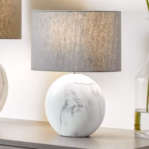 Pacific Lifestyle Marble Effect Ceramic Table Lamp in White and Grey with Grey Fabric Shade