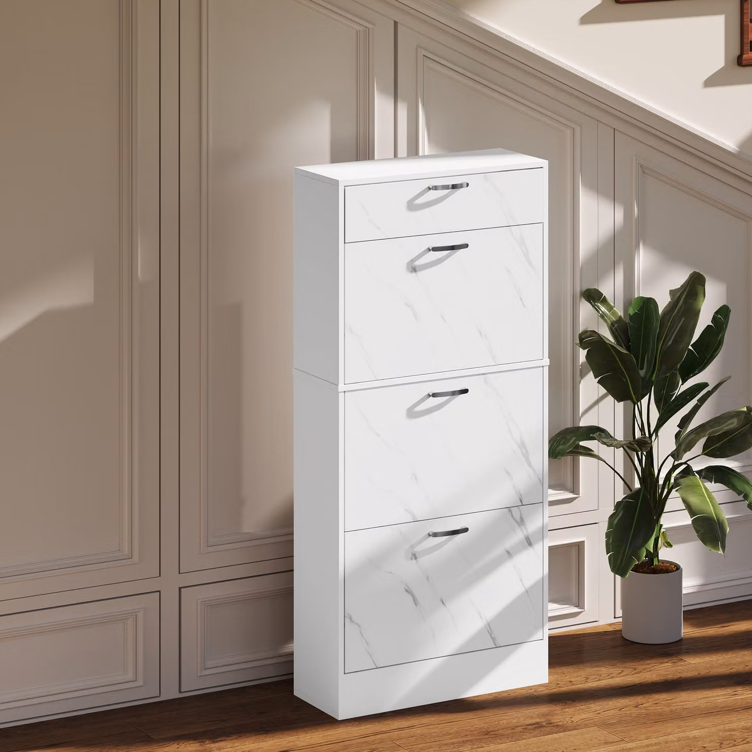 HOMCOM White Marble Shoe Storage Cabinet with 3 Tilting Drawers and Internal Shelves for 18 Pairs – 3