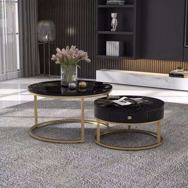 ModernLuxe Set of 2 Round Nesting Coffee Tables with Drawer and Metal Frame in Black