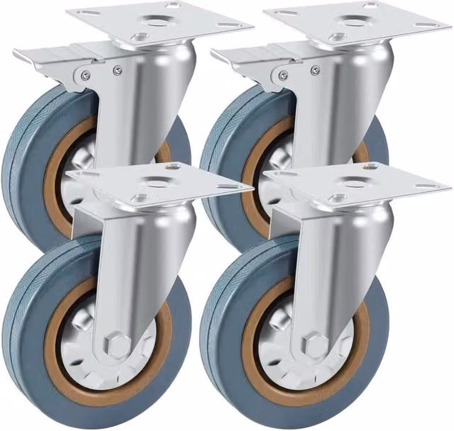 Kelvenix Set of 4 Heavy Duty 100mm Rubber Swivel Trolley Castors in Silver