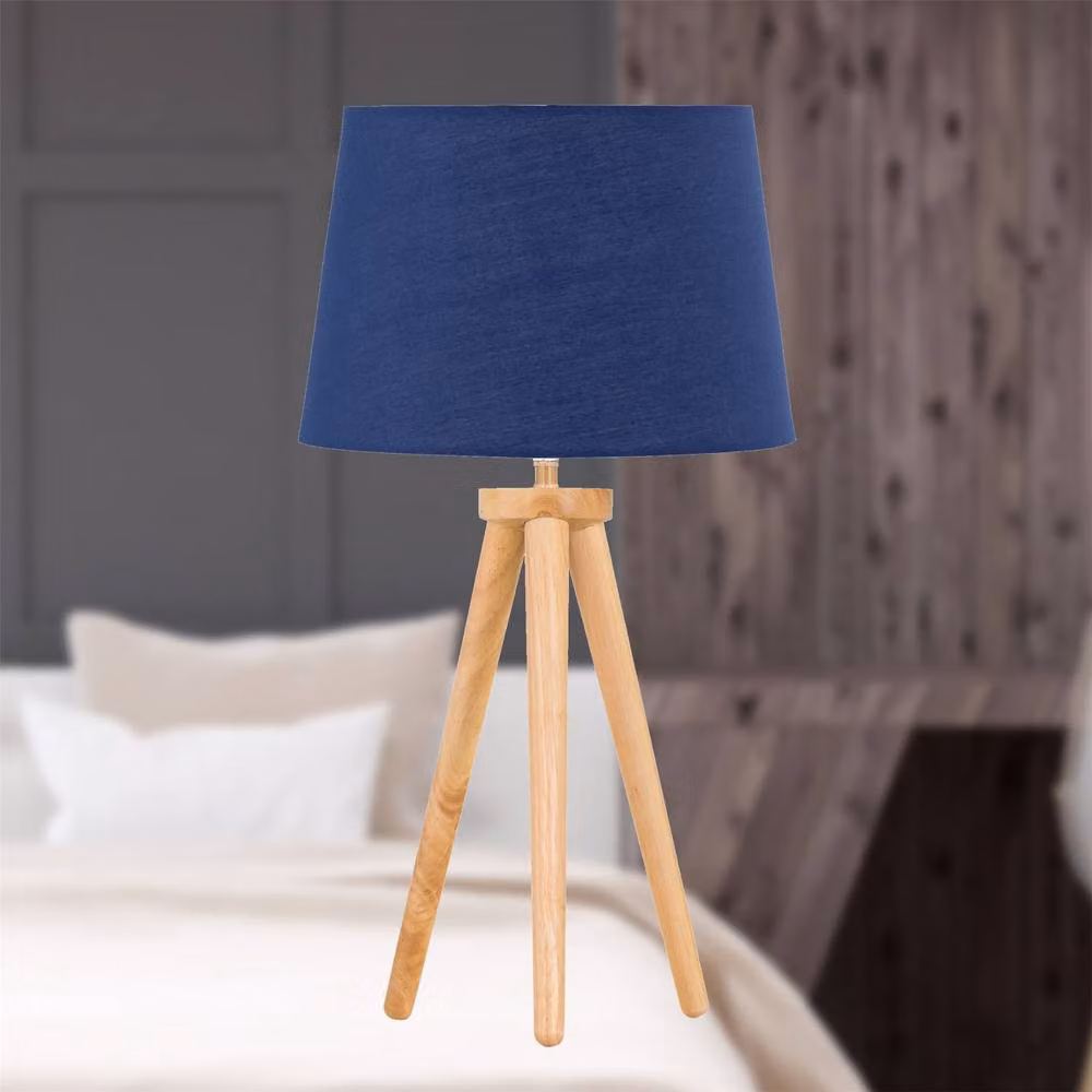 First Choice Lighting Set of 2 Light Oak Table Lamps with Navy Blue Fabric Shades in Brown – 3
