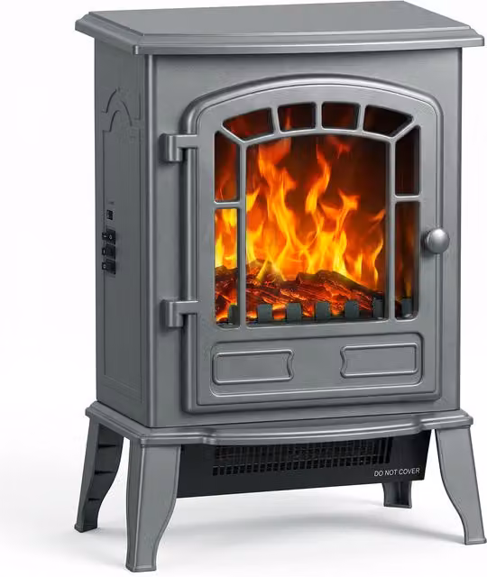 HOMCOM Grey Electric Fireplace Stove with LED Flame Effect and Adjustable Thermostat