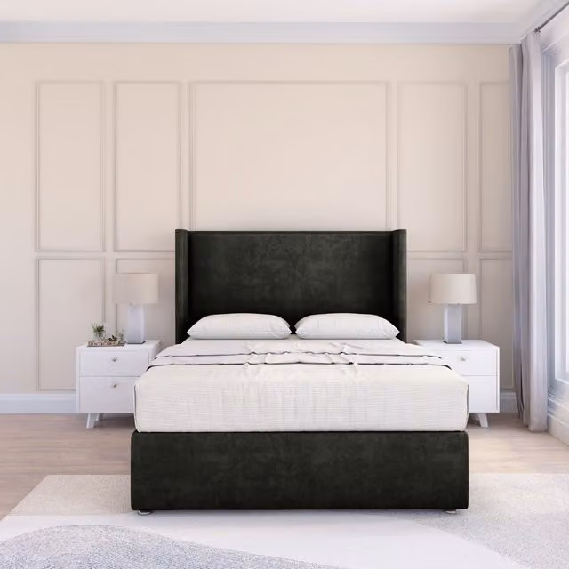 Sloomy Devonshire Dumfries Wingback Bed Set in Black Velvet with 54 inch Floor Standing Headboard, W/D/H: 90 x 200 cm