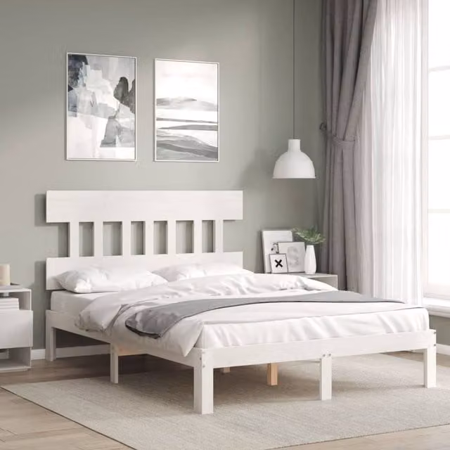 Berkfield Home Small Double Solid Wood Bed Frame with Headboard in White – 1
