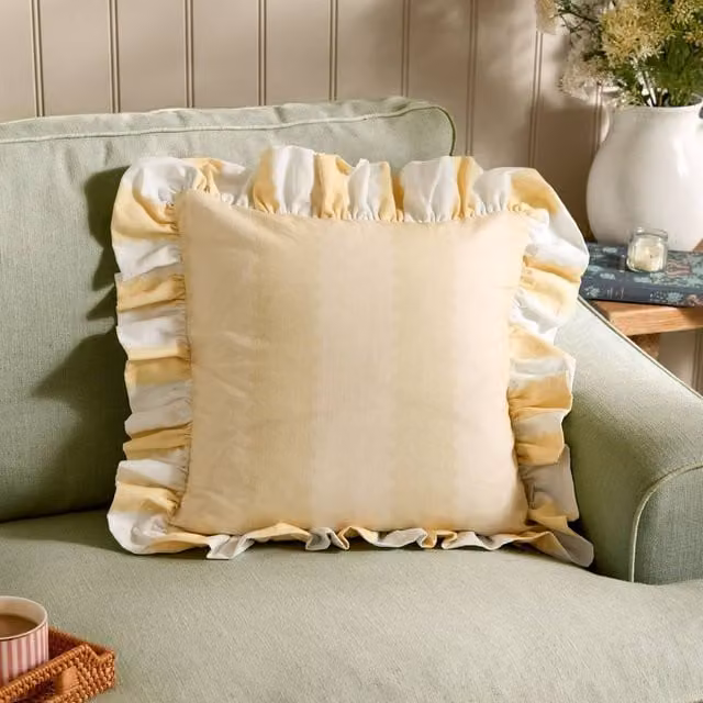 Wylder Birdie Stripe Yellow Cotton Ruffle Cushion, 45 x 45 cm