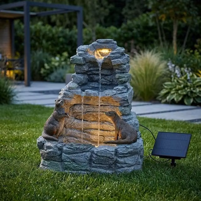 Garden Greatness Otter Falls Hybrid Solar Garden Water Feature, Grey and Multicolour Polyresin Cascade, W/D/H: 54 x 39 x 44.5 cm