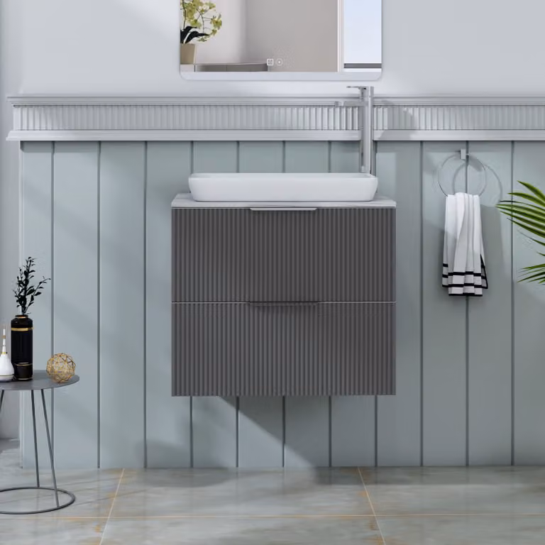 Royal Bathrooms Evora 600mm Graphite Grey Fluted Wall Hung Vanity Unit with 2 Drawers and Qubix Basin