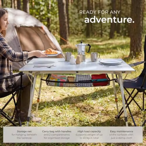 tectake Folding Camping Table in Silver, Height-Adjustable Aluminium Outdoor Table with Storage Net, W: 120 cm, D: 70.5 cm, H: 58-79 cm – 6