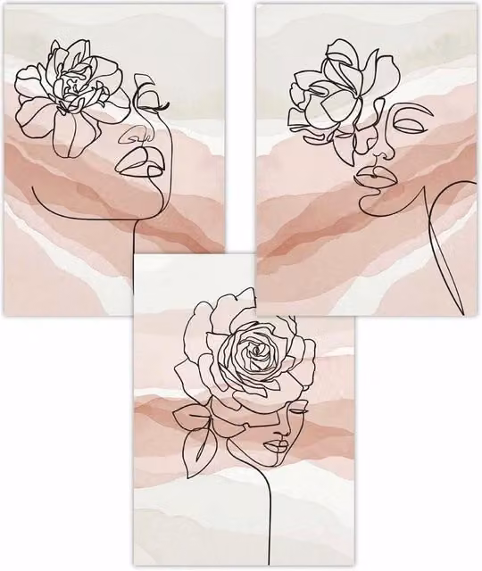 ARTZE Set of 3 Boho Floral Female Line Art Portrait Posters in Pink and Ivory, W: 50 cm x H: 70 cm