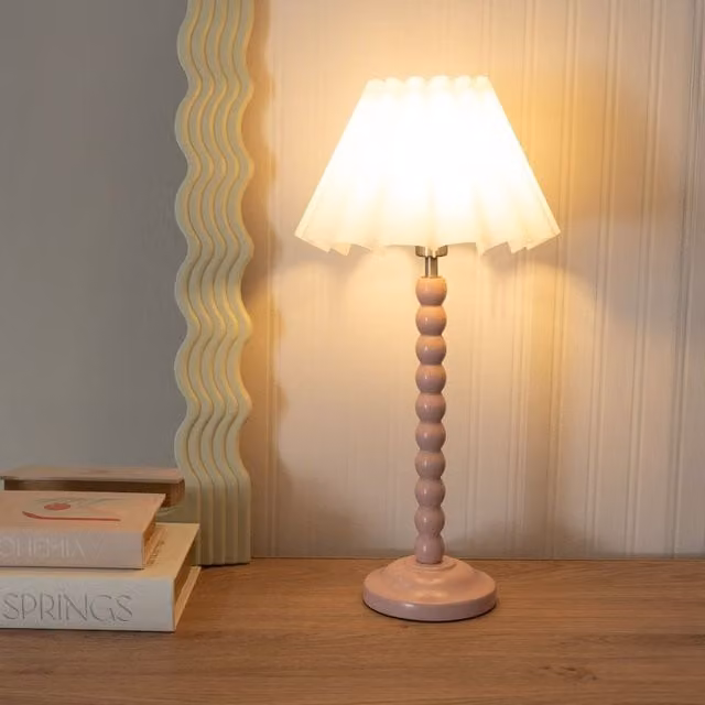 ValueLights Rose Pink Bobbin Stem Table Lamp with White Pleated Tapered Fabric Shade – 1