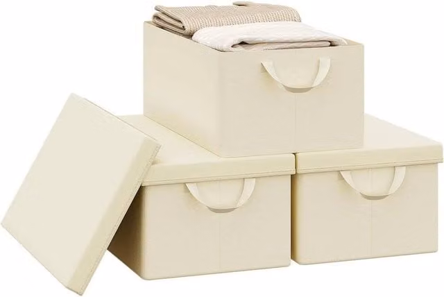 NESTLUNE Set of 3 Stackable Fabric Storage Boxes with Lids in Beige