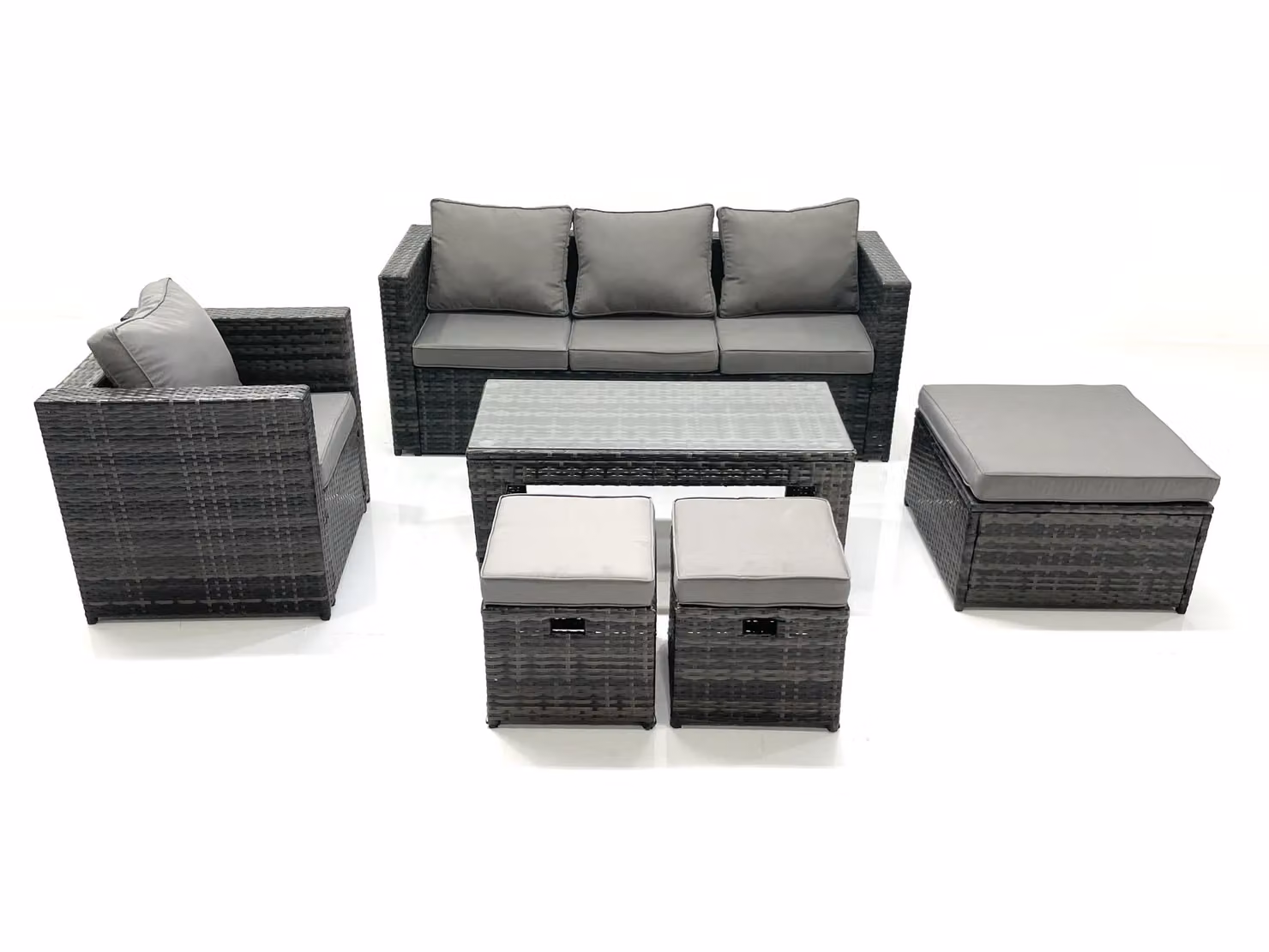 Fimous Rattan Garden Furniture Set with Sofa, Coffee Table, Armchair and 3 Footstools in Dark Grey – 2