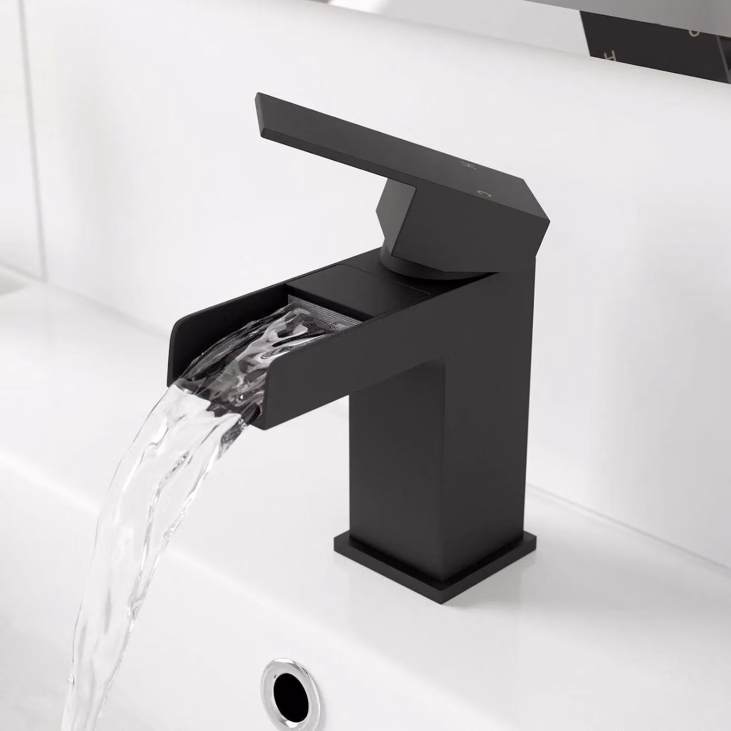 BATHWEST Matt Black Waterfall Square Basin Tap with Silver Pop Up Waste – 2