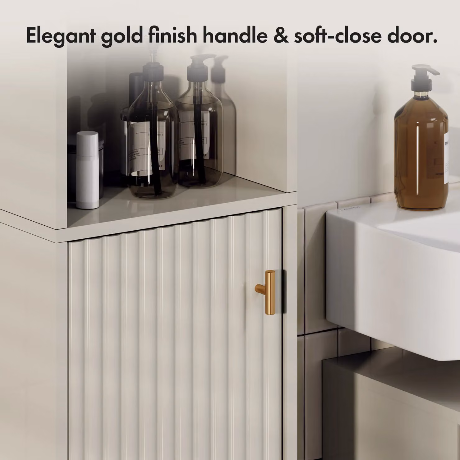 VonHaus Victoria Freestanding Slim Tall Bathroom Storage Cabinet in Stone with Soft-Close Hinged Doors, H 165 x W 23 x D 34 cm – 3