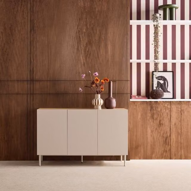sweeek Modern 3-Door Sideboard in Beige and Walnut with Metal and MDF Construction, W: 120 cm