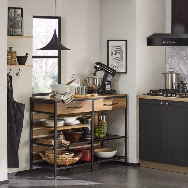 SoBuy Industrial Kitchen Island with Open Shelves and 2 Drawers, Brown and Black, W: 120.0 cm, D: 45.0 cm, H: 91.0 cm – 1