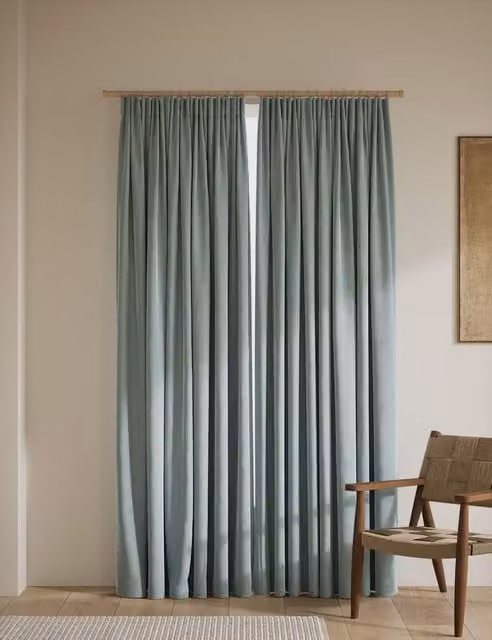 M&S Classic Velvet Thermal Insulating Pencil Pleat Curtains in Green