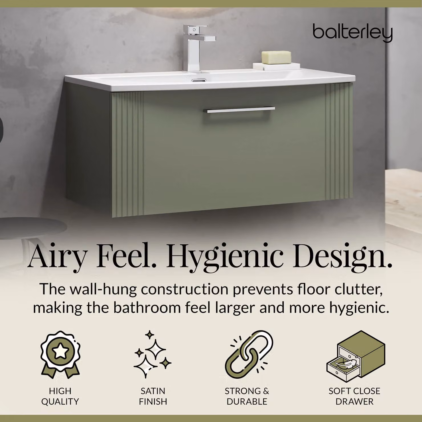Balterley Wall Hung 1 Drawer Vanity Unit with Curved Basin, Satin Green, Width: 80 cm – 2