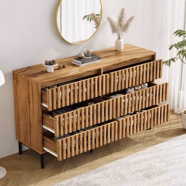 Merax Modern 6 Drawer Wooden Chest of Drawers with Metal Legs in Brown and Black, W/D/H: 120 x 40 x 81 cm