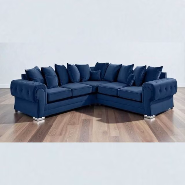 Snug Furniture Birmingham Ltd Verona Blue Plush Velvet Right Facing 2+2 Corner Sofa with Scatter Cushions – 1