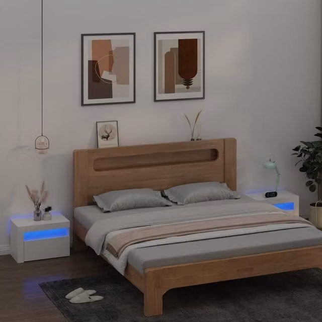 Berkfield Home Set of 2 Modern White Bedside Cabinets with Integrated LED Lighting W/D/H: 60 x 35 x 40 cm