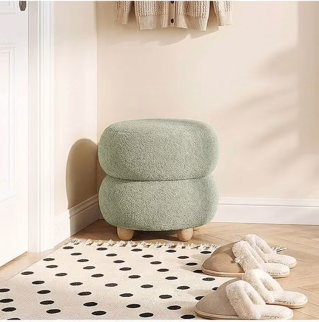 Living and Home Round Bouclé Upholstered Footstool in Green, Diameter: 39 cm – 1