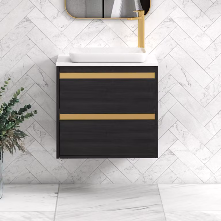 Royal Bathrooms Orion 600mm Hale Wall Hung Vanity Unit with Qubix Basin and Brushed Brass Accent Trim, Plain White and Black with 2 Drawers