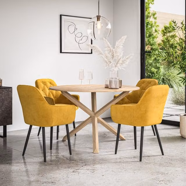 More4Homes Malvern Round Oak Effect Dining Table Set with 4 Anika Velvet Chairs in Black and Mustard, Diameter: 120 cm, Height: 75 cm