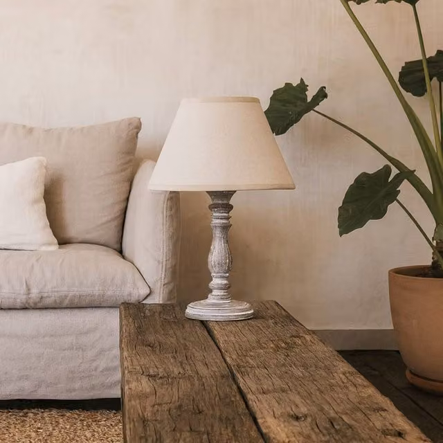 Wyld Haus Bastide White Washed Turned Column Table Lamp with Cream Linen Shade – 1