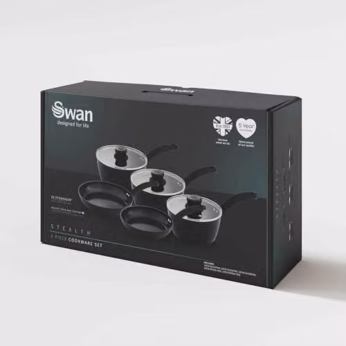 Swan Stealth 5 Piece Cookware Set in Black with Ceramic Coating, including Saucepans with Glass Lids and Frying Pans, Induction Compatible – 3