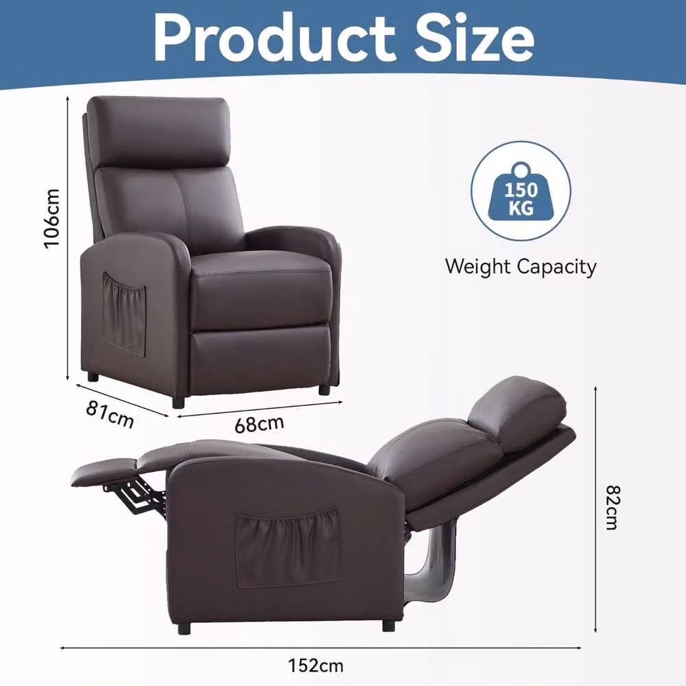 PAWNORA Brown PU Leather Push Back Recliner Chair with Lumbar Support and Armrests – 2
