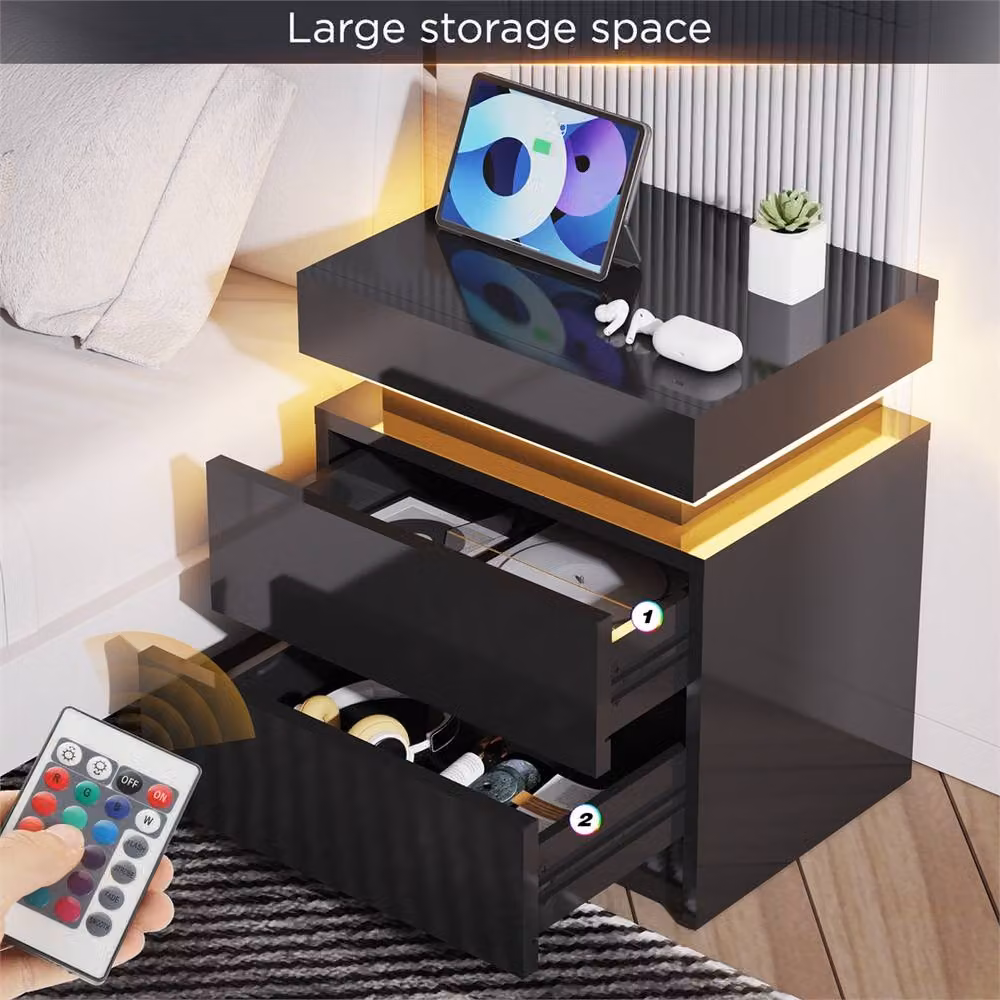 Nordara Black 2-Drawer High Gloss LED Bedside Table with RGB Integrated Lighting in Black – 4