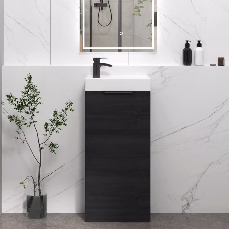 Royal Bathrooms Como 400mm Floor Standing Cloakroom Vanity Unit with Basin and 1 Door in Hale Black with Matt Black Handle
