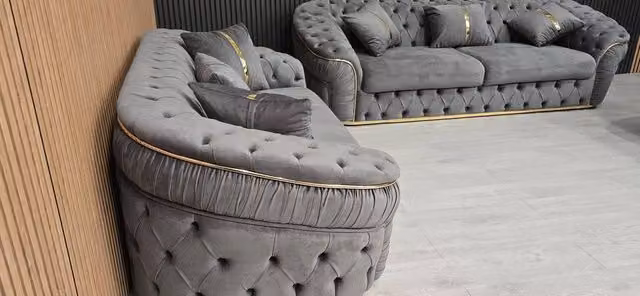 Celebrity Interiors Ambassador 3+2 Seater Sofa Set in Grey Plush Velvet with Gold Accents