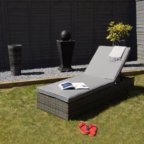CHARLES BENTLEY Grey Rattan Reclining Sun Lounger with Weatherproof Cushion, W/D/H: 196 x 66 x 29 cm – 2