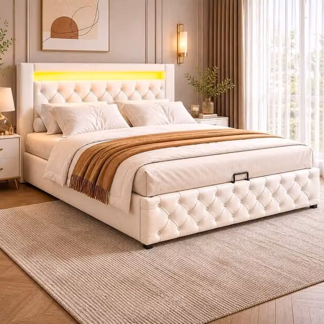 STILVORA White Upholstered King Size Bed with Storage, LED Lighting and Synthetic Leather, W: 150 cm, D: 200 cm – 1