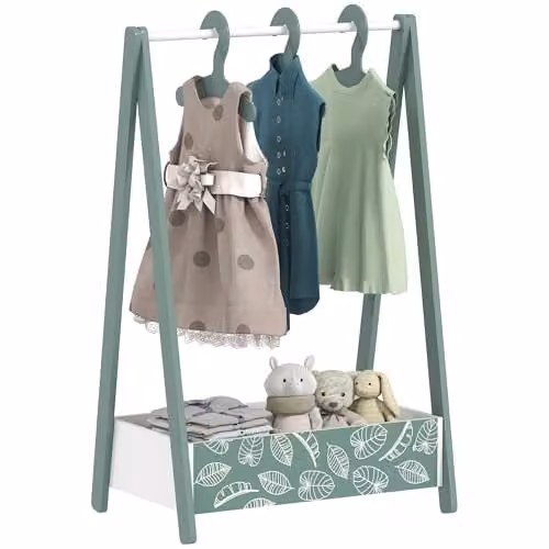 AIYAPLAY Green Childrens Clothes Rail with Floral Leaf Theme and Pine Wood and Metal Construction – 1