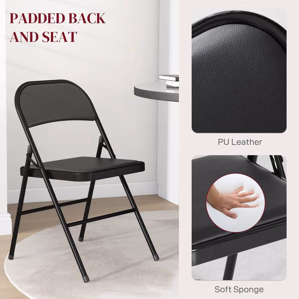 STILVORA Set of 2 Black Cushioned Folding Chairs with Synthetic Leather and Metal Frame – 4