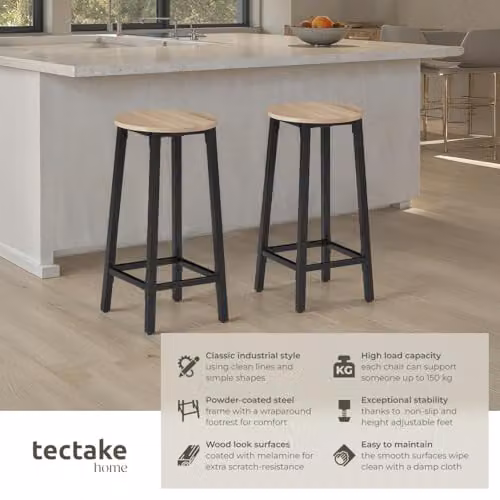 tectake Corby Set of 2 Industrial Bar Stools with Oak Wood Seats and Black Metal Frames – 4