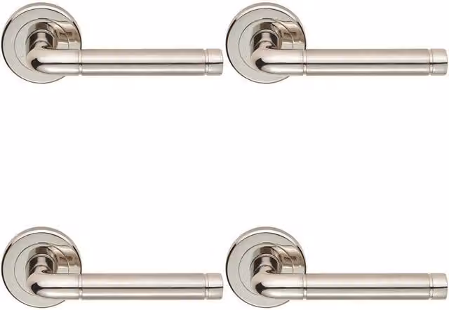 Loops 4 Pair Straight Elliptical Lever on Round Rose Concealed Fix Door Handles in Nickel Plated Silver