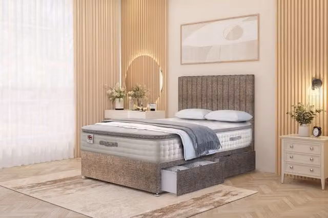 Somnior Eleanor Brown Tweed 2 Drawer Divan Bed Set with Pillowtop and Headboard, W/D/H: 140 x 200 cm