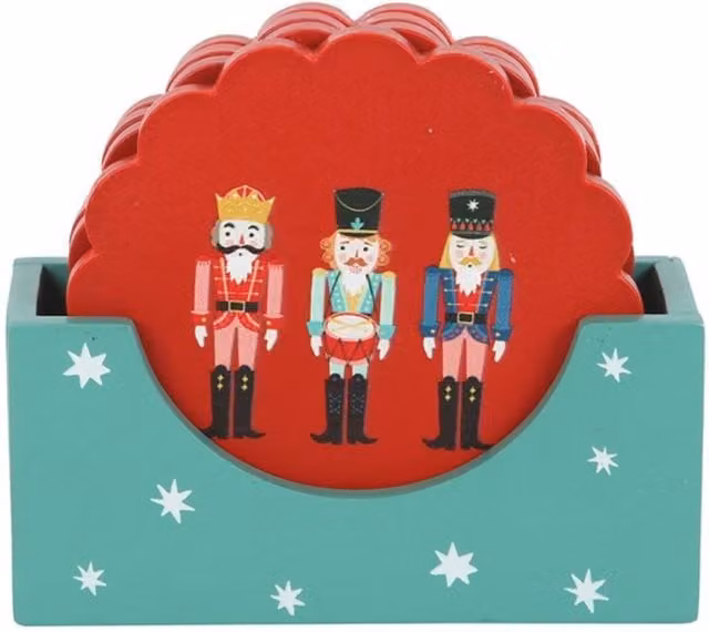 KDMK Nutcracker Round Wooden Coasters with Holder, Red
