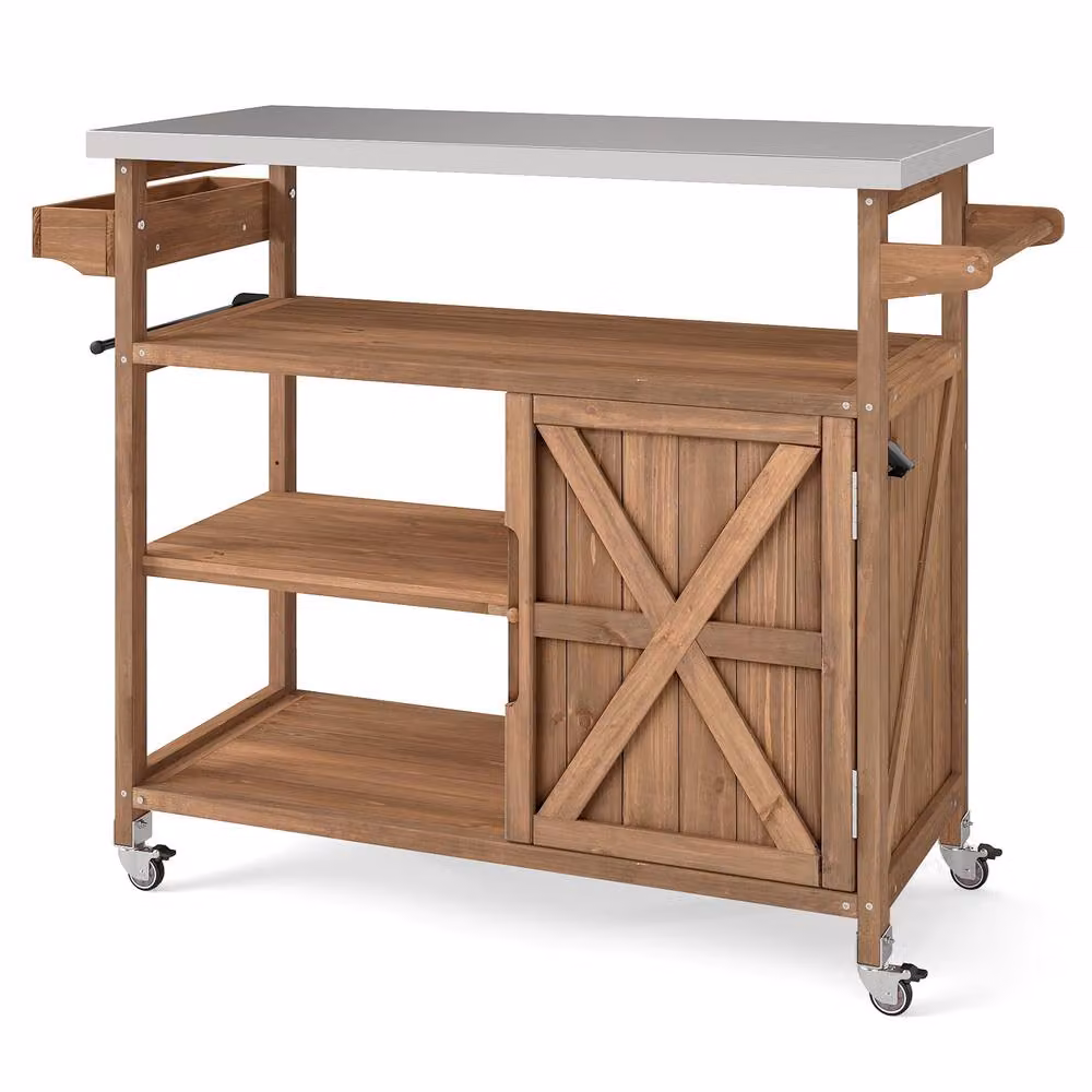 Gymax Brown Wooden Grill Cart with Stainless Steel Top and Casters, W/D/H: 118 x 47 x 92 cm – 2