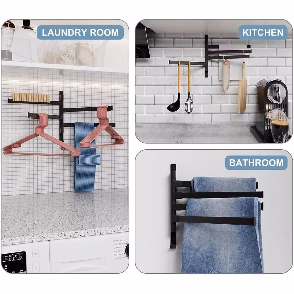 KORVIXA 4-Bar Folding Wall Mounted Bathroom Hand Towel Rack in Black – 4
