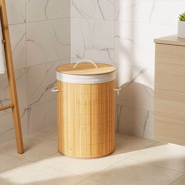 EONLION Foldable Bamboo Laundry Basket, 45L, Brown, H: 100 cm, W: 15 cm