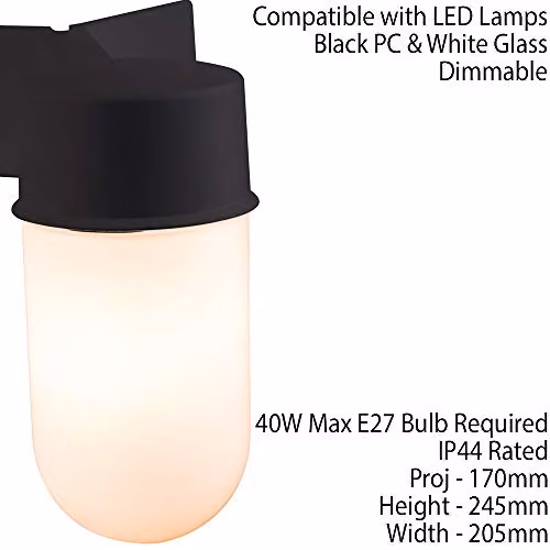 Loops IP44 Outdoor Wall Light with Corner Bracket, Black and White Modern Cylinder Glass Shade, E27 LED Compatible and Dimmable – 2