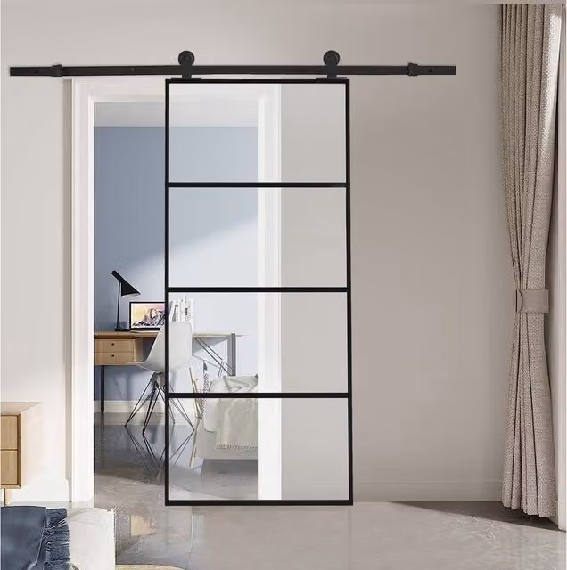 Livingandhome Industrial Black Aluminium Sliding Barn Door with Clear Glass and Hardware Kit