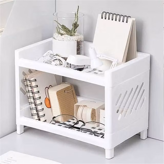 Nordara PP Double Layer Desktop Storage Rack in White for Office or Cosmetic Use