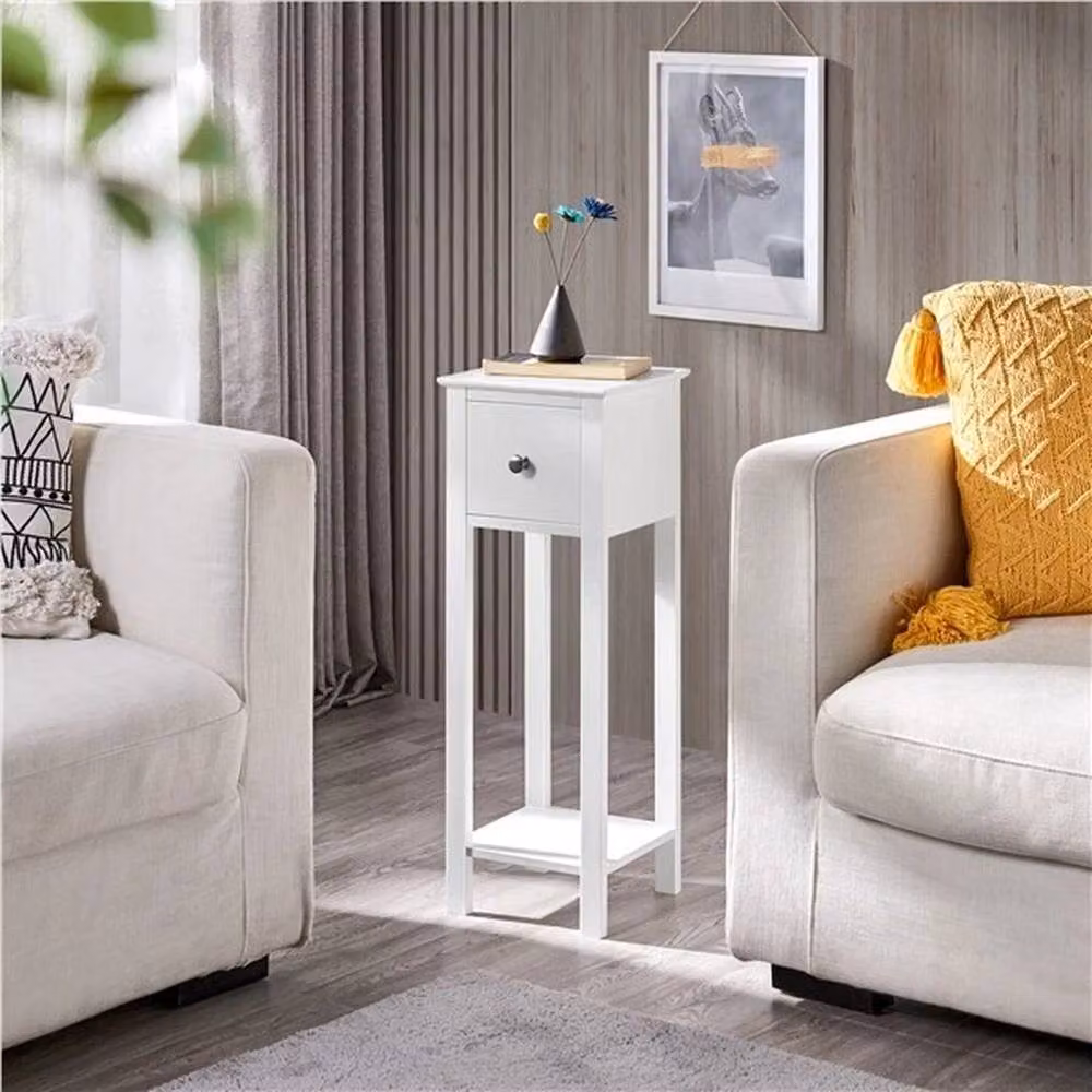 KORVIXA Slim Bedside Table with 1 Storage Drawer and Shelf in White – 2