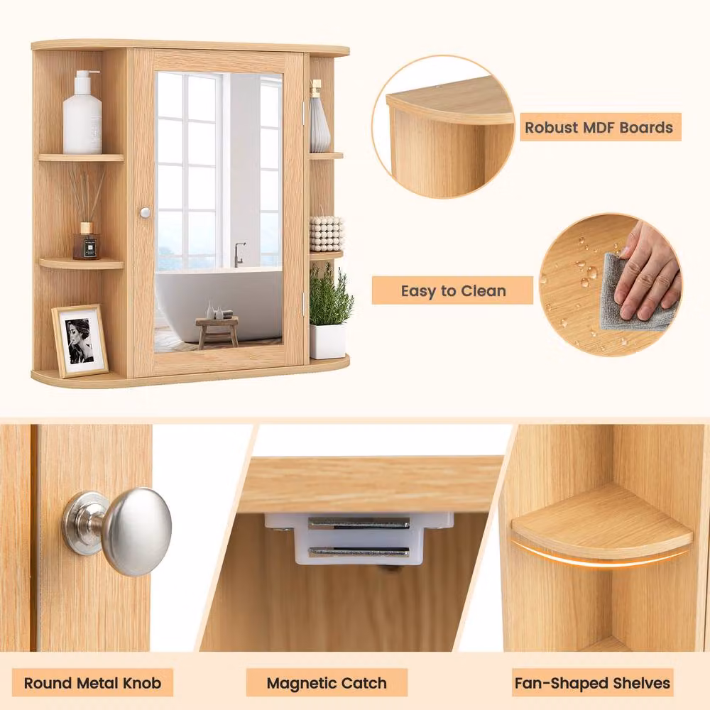 Costway 3-Tier Mirrored Wall Mounted Bathroom Storage Cabinet with Shelves in Natural Sand Brown – 2